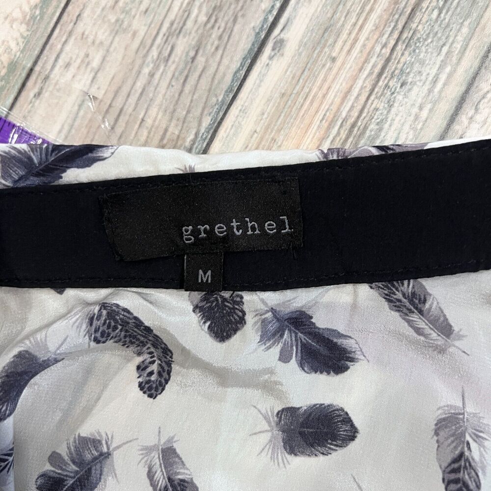 Grethel Womens 100% Silk Feather Print Blouson Dress Sz M Twee Office Artsy Y2K - Picture 6 of 13